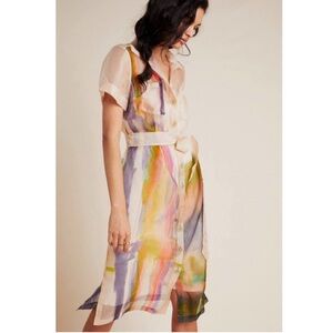 Anthropologie Aimee Clark Organza Shirt Dress Water Color Inspired Accent Small